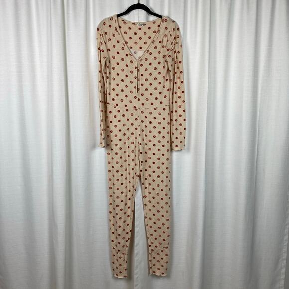 Free People Intimately Beige Print Waffle Knit Home Alone Long John’s Jumpsuit - Picture 6 of 16